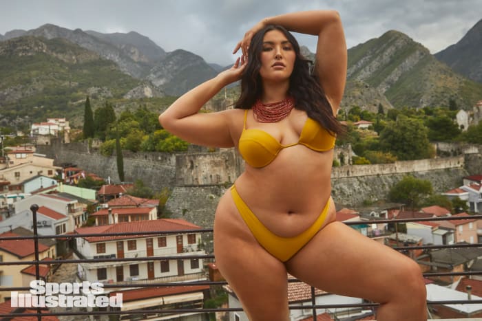 Yumi Nu was photographed by James Macari in Montenegro. Swimsuit by Matte Collection. Necklace by Free People.